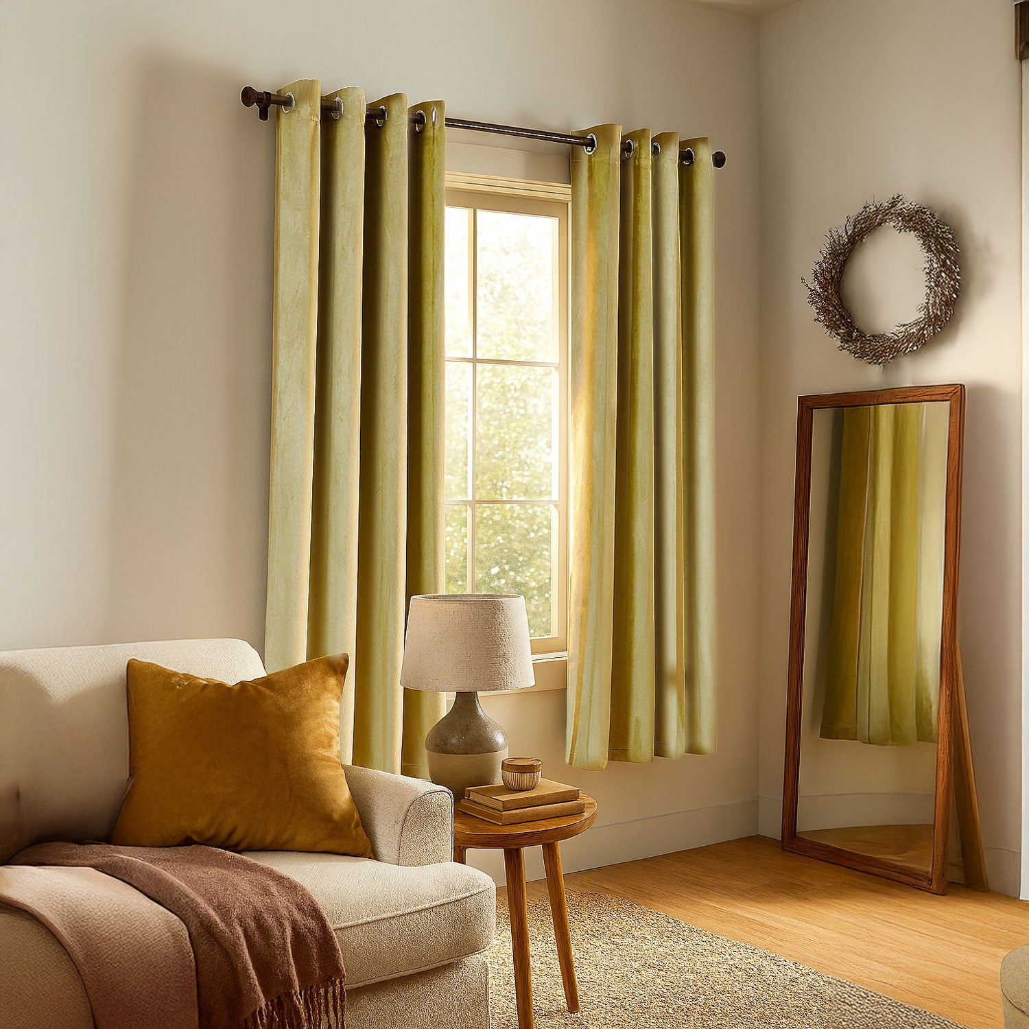 Dusty Yellow Velvet Blackout Eyelet Curtains - 46x54 Inch Drop - Pair Image 6