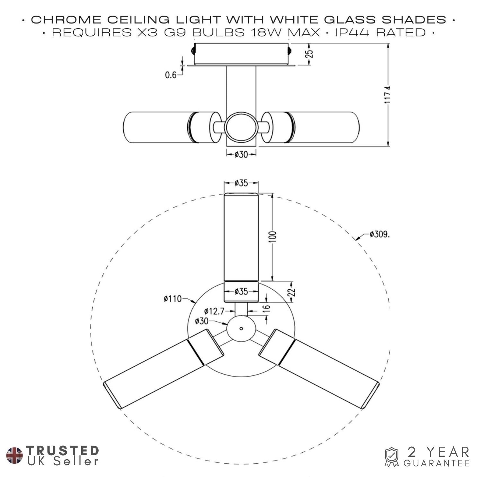 Modern Chrome IP44 Rated Bathroom Ceiling Light with Tubular Glass Shades Image 7