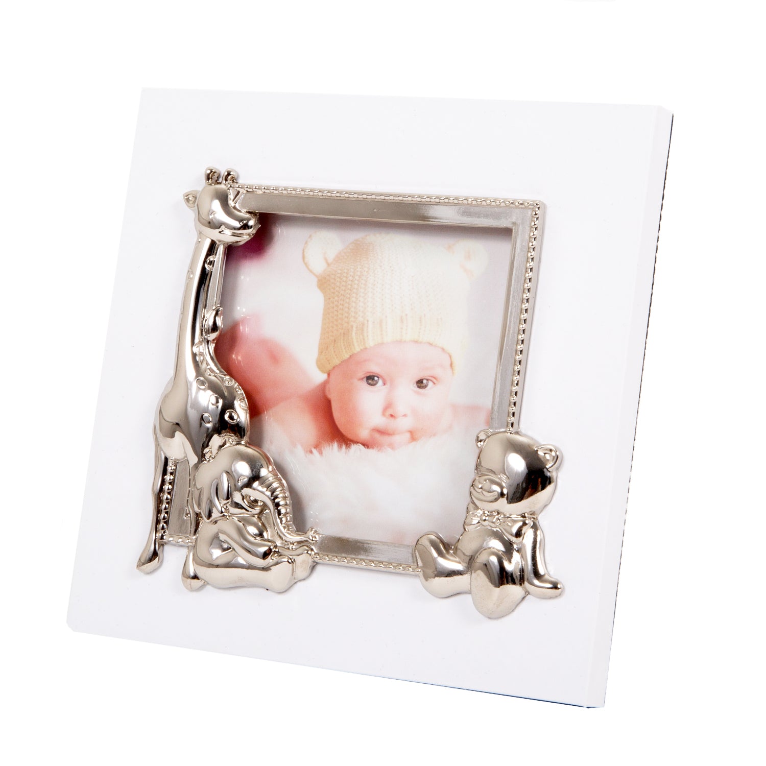 Small White Baby Photo Frame with Silver Plated Giraffe Elephant and Teddy Bear Image 1