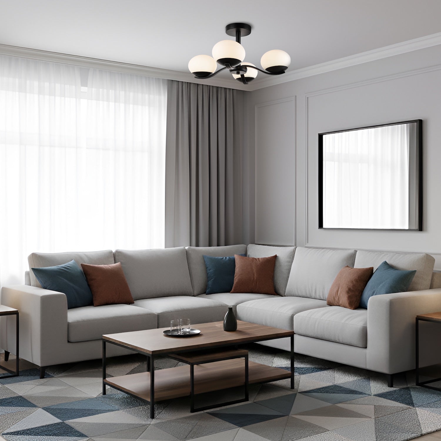 Modern Matte Black Ceiling Light with Four Opal Oval Glass Shades Image 6