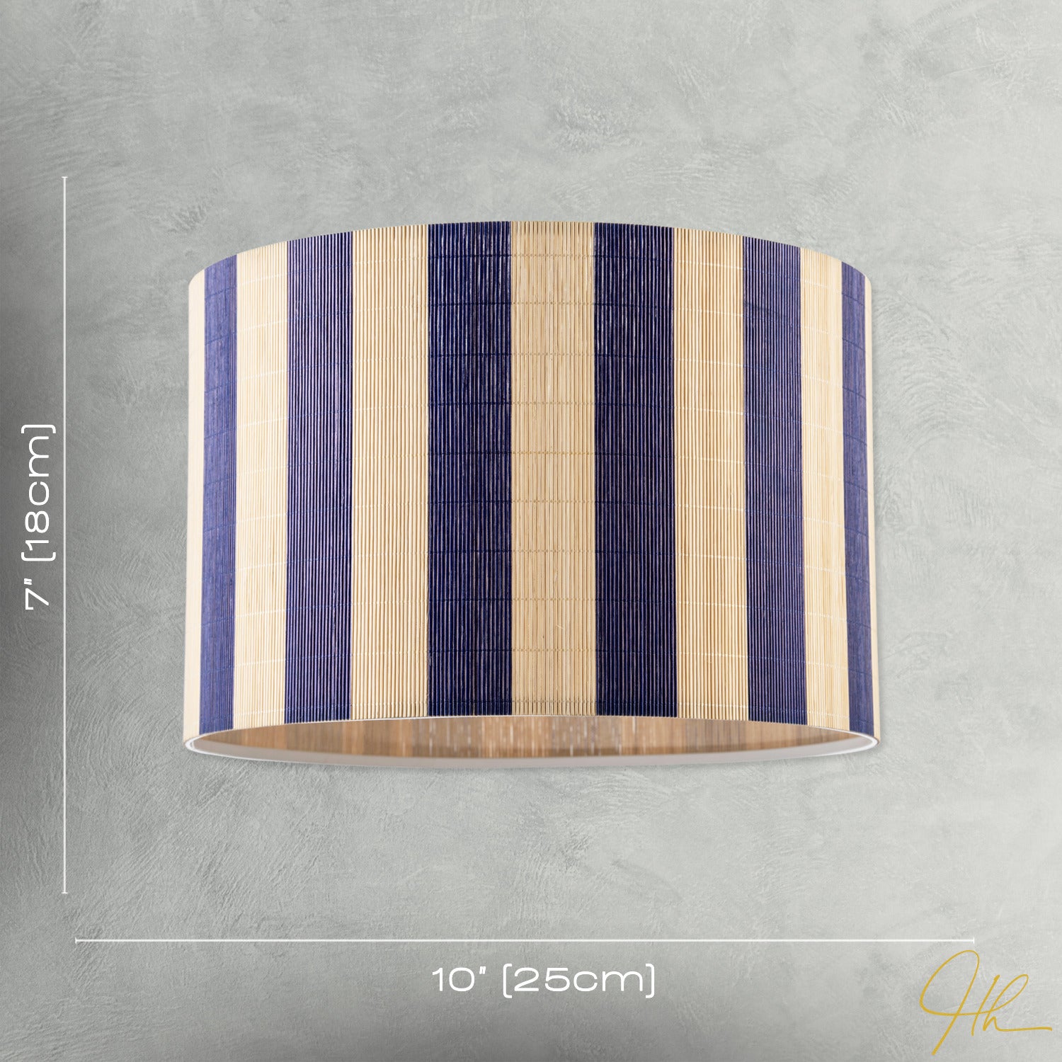 Chic Natural Brown Bamboo Lamp Shade with Navy Midnight Blue Stripes Image 7