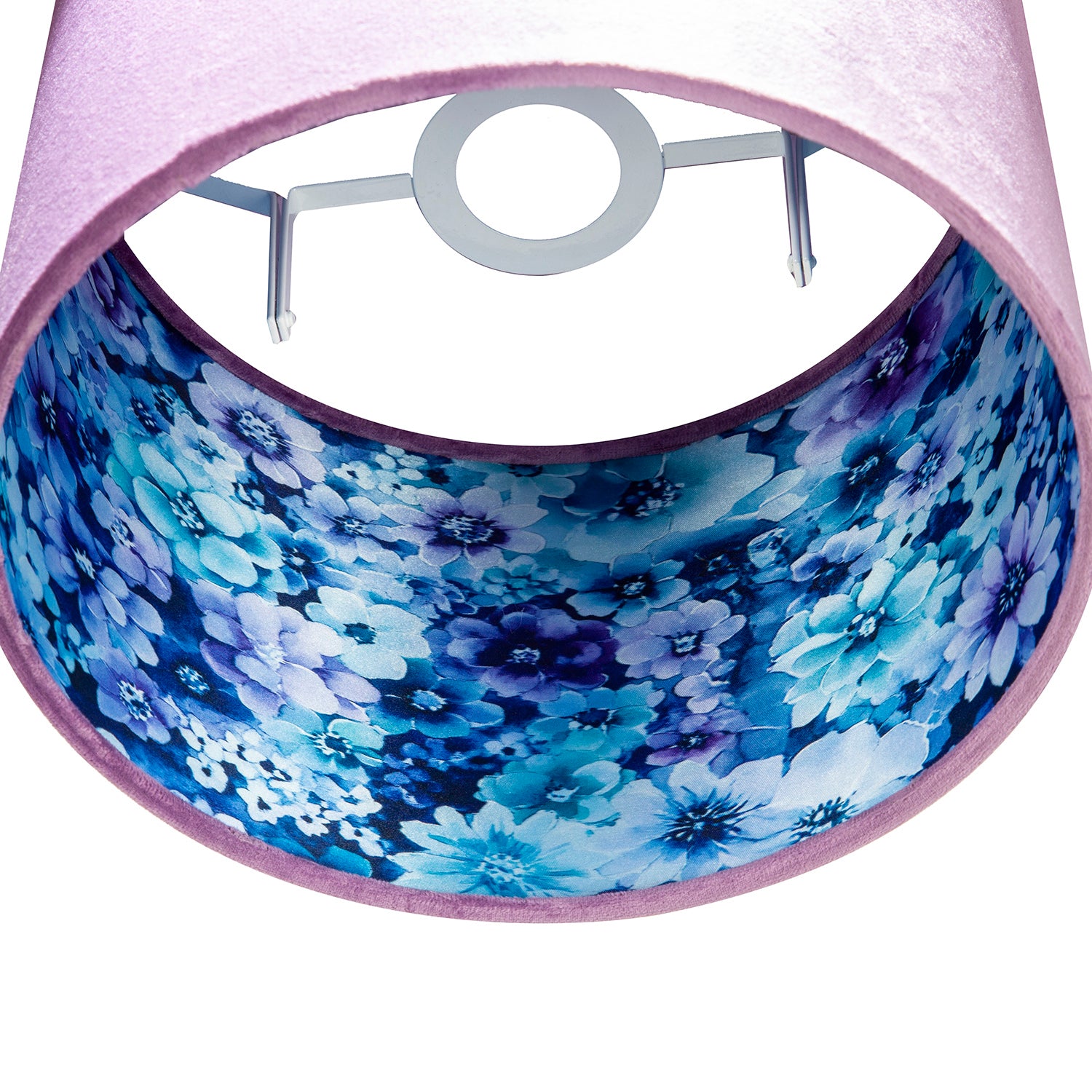 Soft Lilac Velvet Drum Lampshade with Inner Coloured Floral Lining Image 3
