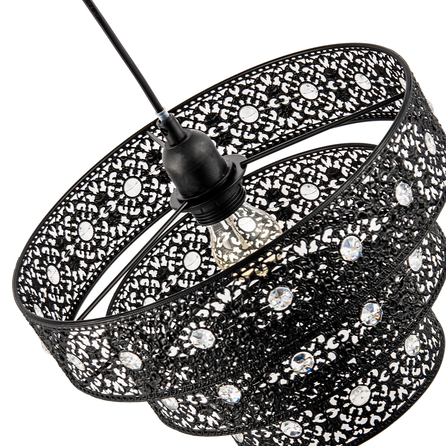 Matte Black Acrylic Gem Moroccan Style Triple Tier Pendant Lamp Shade Image 4