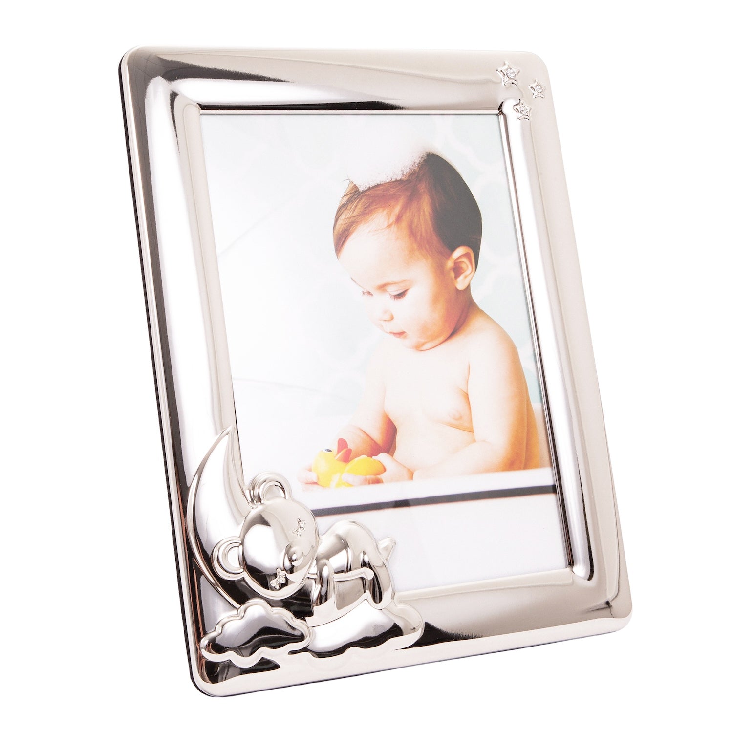 Baby 5x7 Picture Frame in Nickel Plated with Sleeping Bear and Diamante Stars Image 2