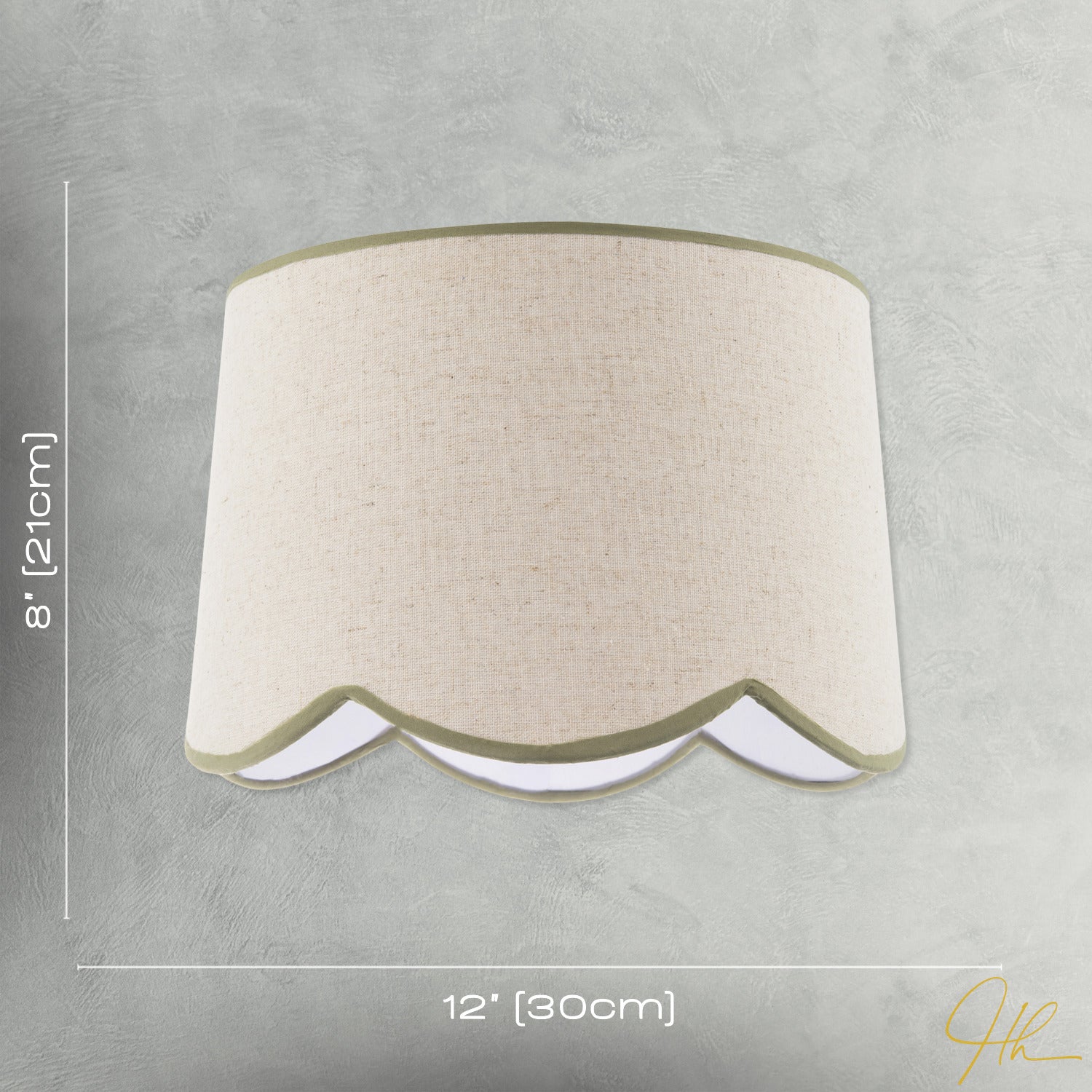 Natural Oatmeal Textured Linen Scallop Lamp Shade with Olive Trims Image 7