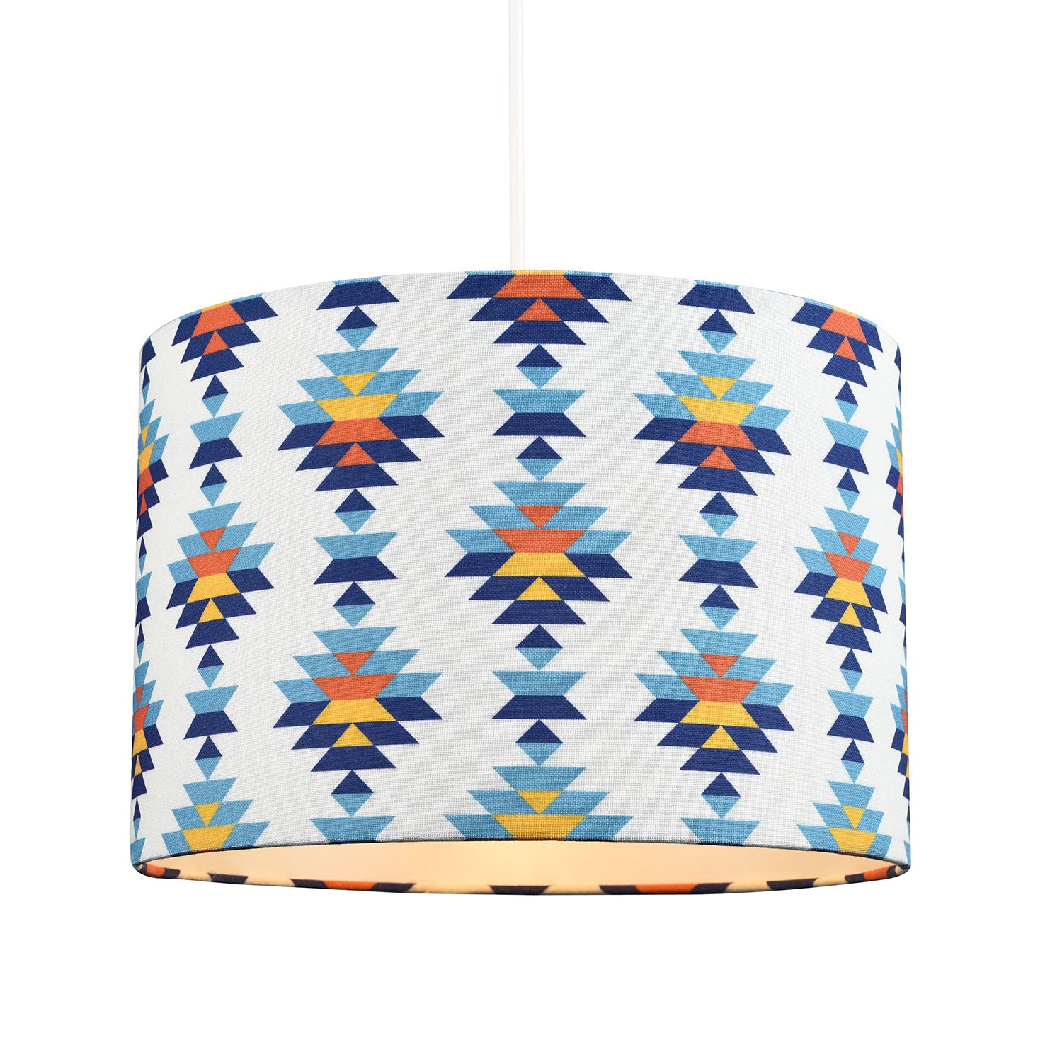 Colourful Boho Geometric 12 Inch Drum Lamp Shade in White with Blues and Oranges Image 4