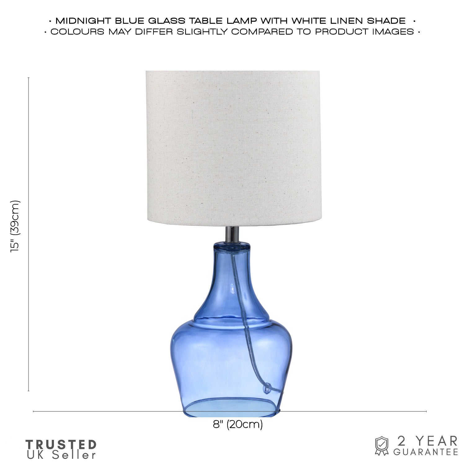 Modern Midnight Blue Glass Lamp with Natural Linen Fabric Shade and Clear Cable Image 5