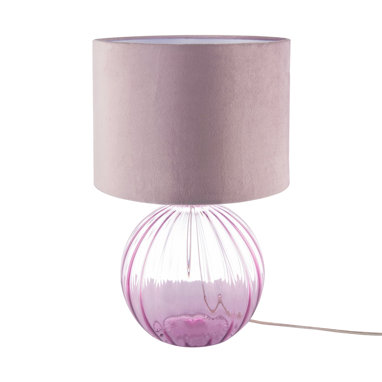 Contemporary Lilac Ribbed Glass Table Lamp with Velvet Fabric Shade Image 5