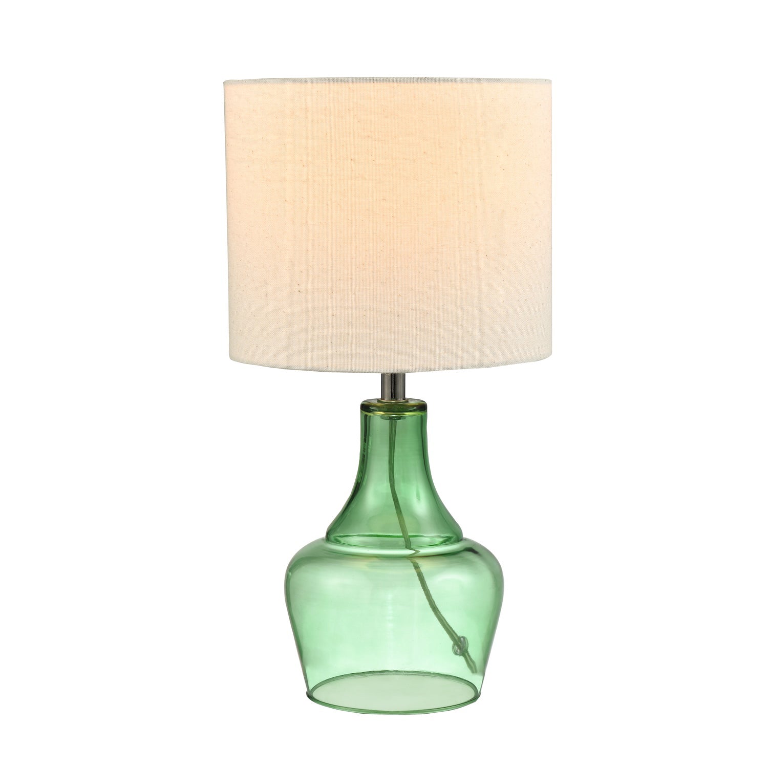 Modern Emerald Green Glass Lamp with Natural Linen Fabric Shade and Clear Cable Image 1