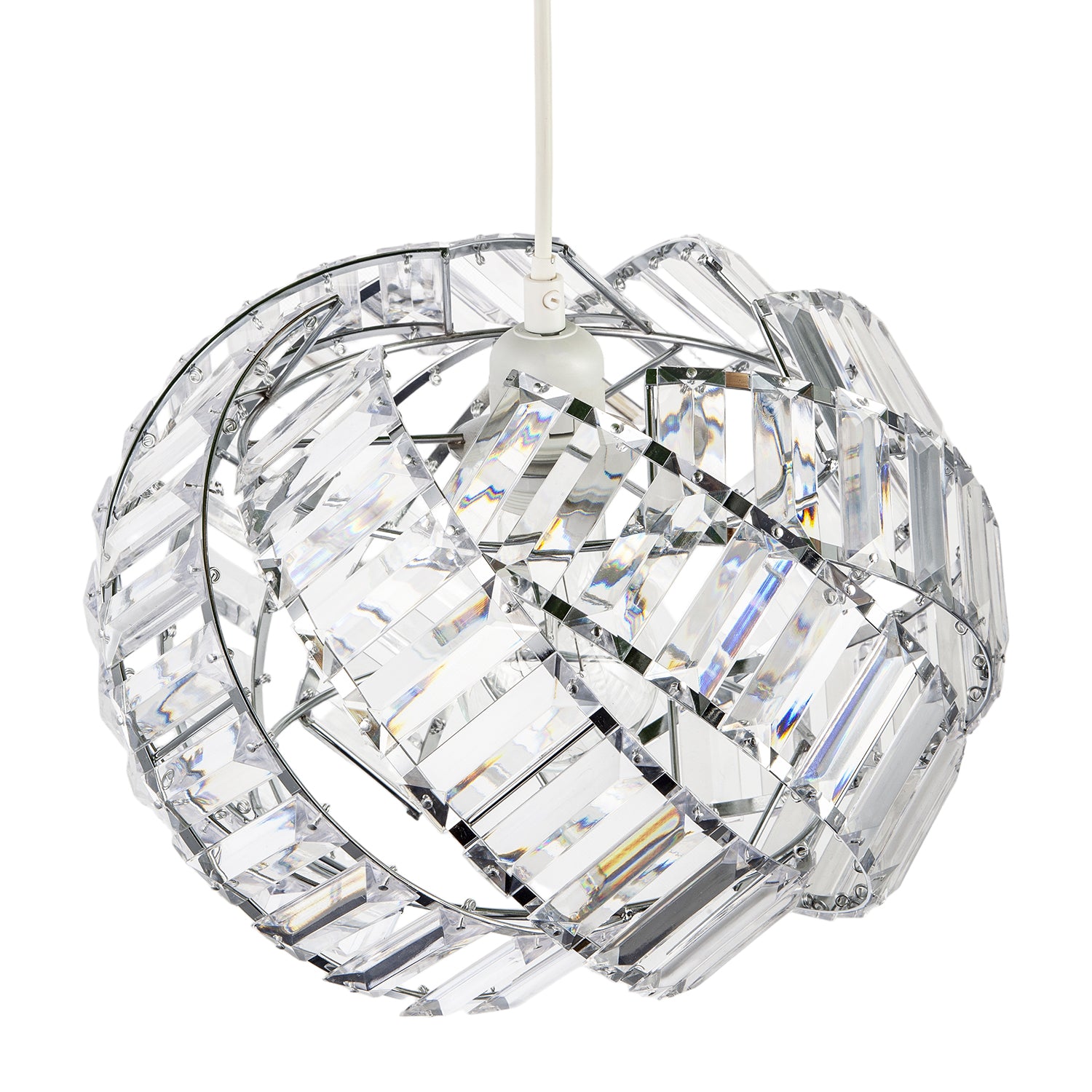 Modern Chrome Pendant Lamp Shade with Curved Strips and Acrylic Prisms Image 3