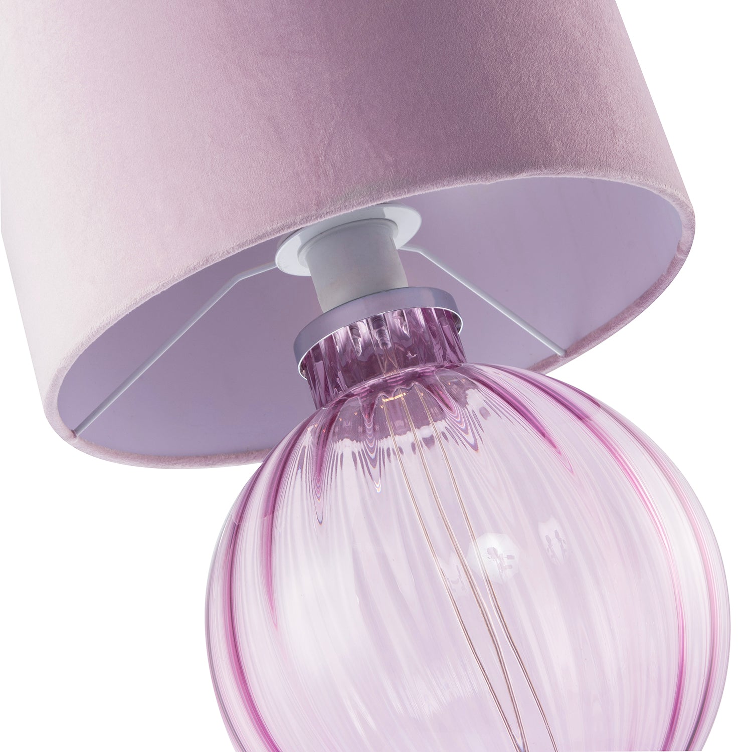 Contemporary Lilac Ribbed Glass Table Lamp with Velvet Fabric Shade Image 3