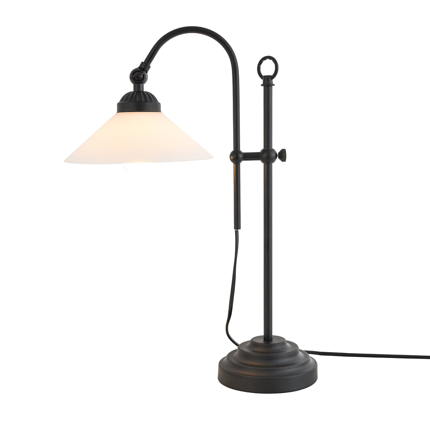 Classic and Vintage Mat Black Lamp with Adjustable Height and Glass Shade Image 2