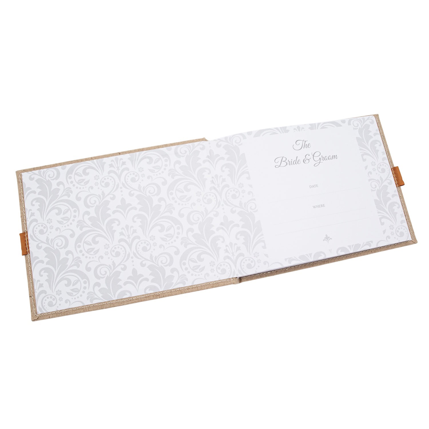 Natural Linen Fabric Wedding Day Guest Book with Shiny Gold Rings Image 4