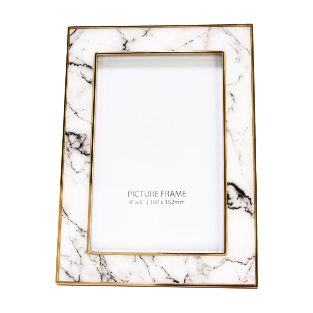 Modern Designer White Marble Print 4x6 Frame with Clear Enamel and Gold Metal Image 2