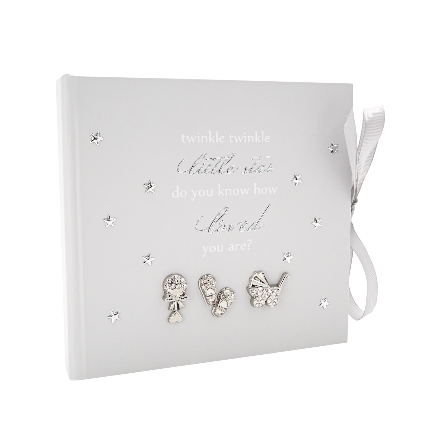 Baby Keepsake Photo Album with Silver Plated Rattle Pram and Booties Image 1