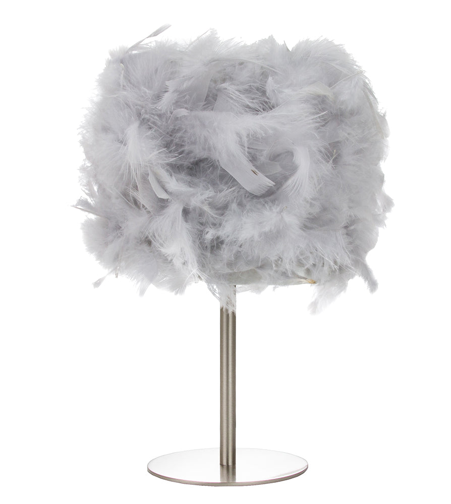 Modern and Chic Real Grey Feather Table Lamp with Satin Nickel Base and Switch Image 1