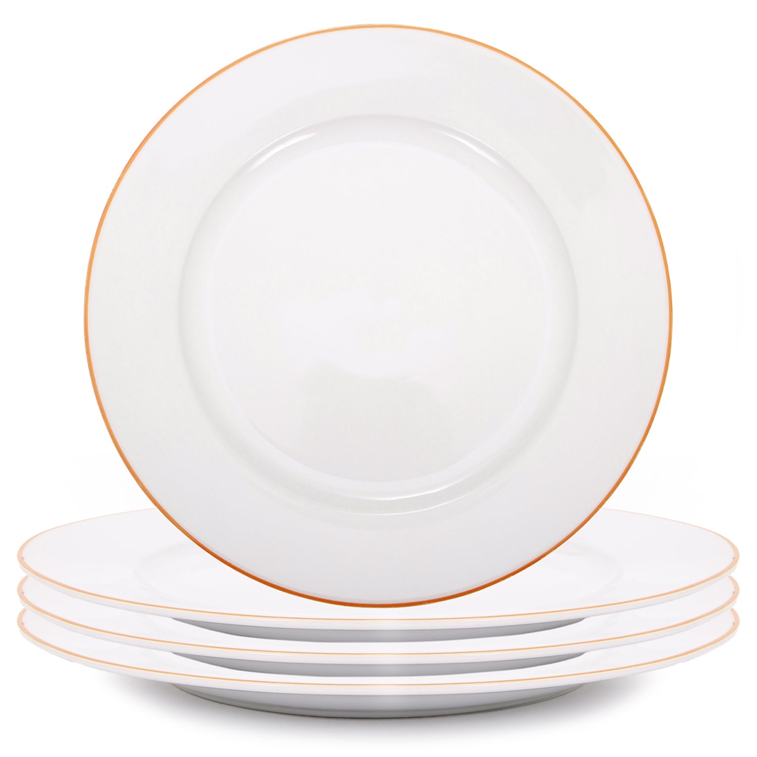 Set of 4 Durable White Ceramic Dinner Plates with Elegant Orange Rim Image 1