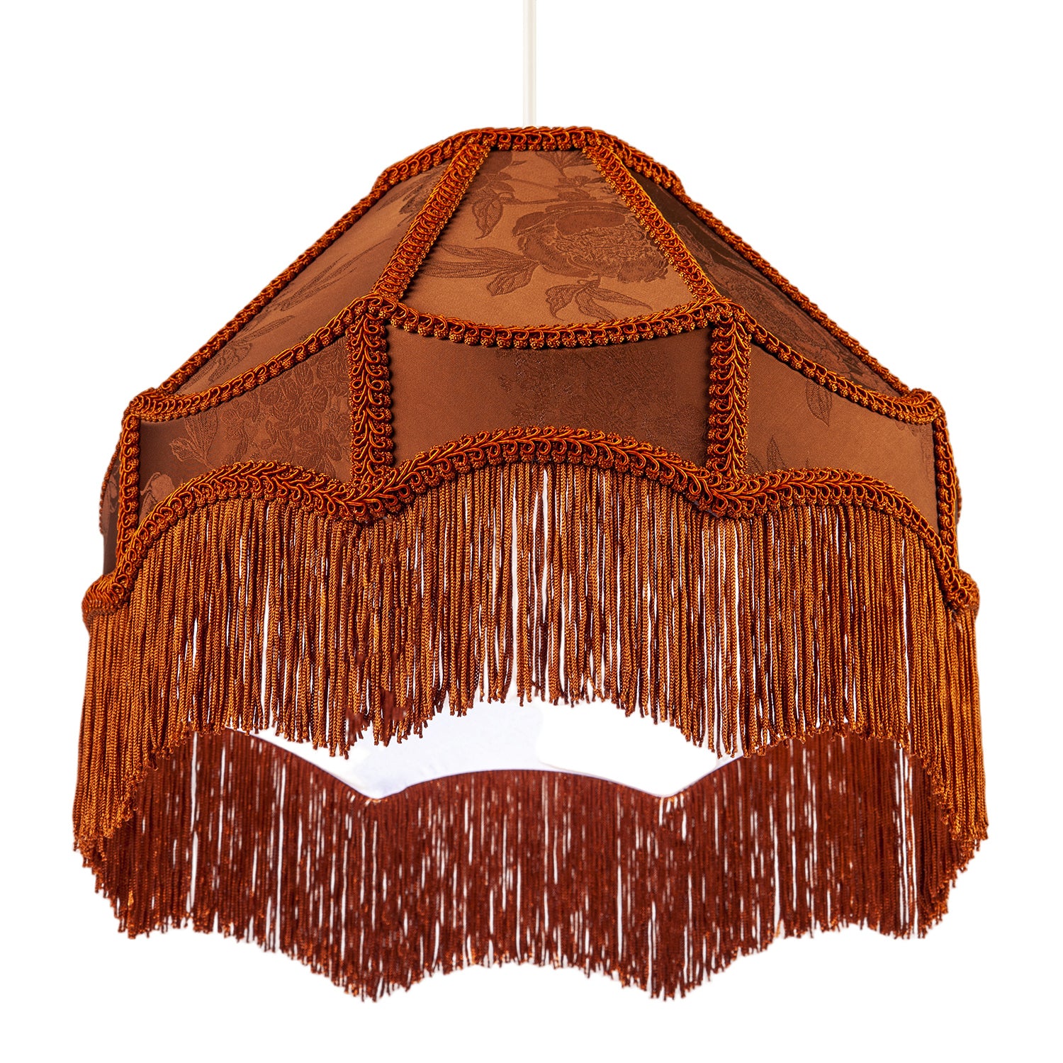 Brown Faux Silk Victorian Lampshade with Floral Decor and Long Tassels Image 4