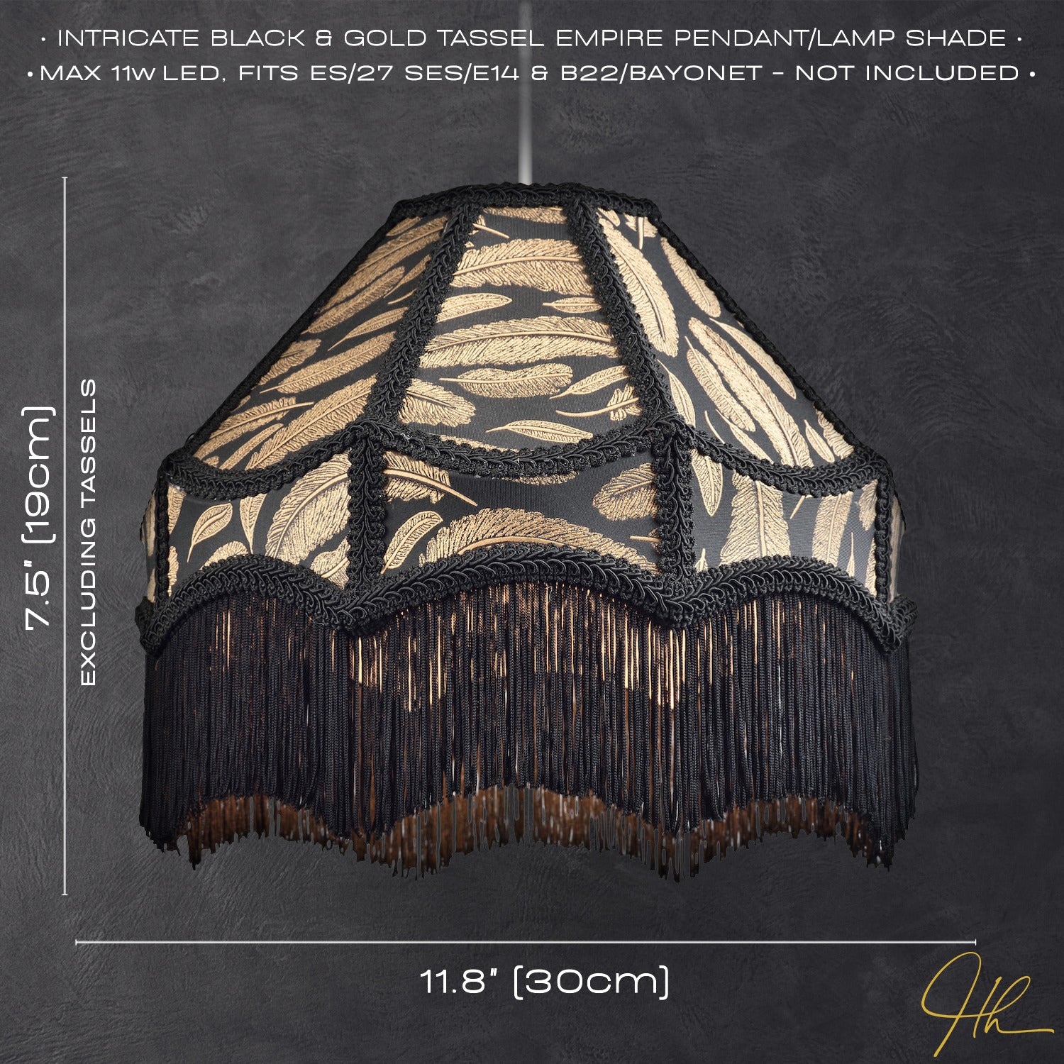 Traditional Black Victorian Empire Pendant Shade with Tassels and Golden Leaves Image 6