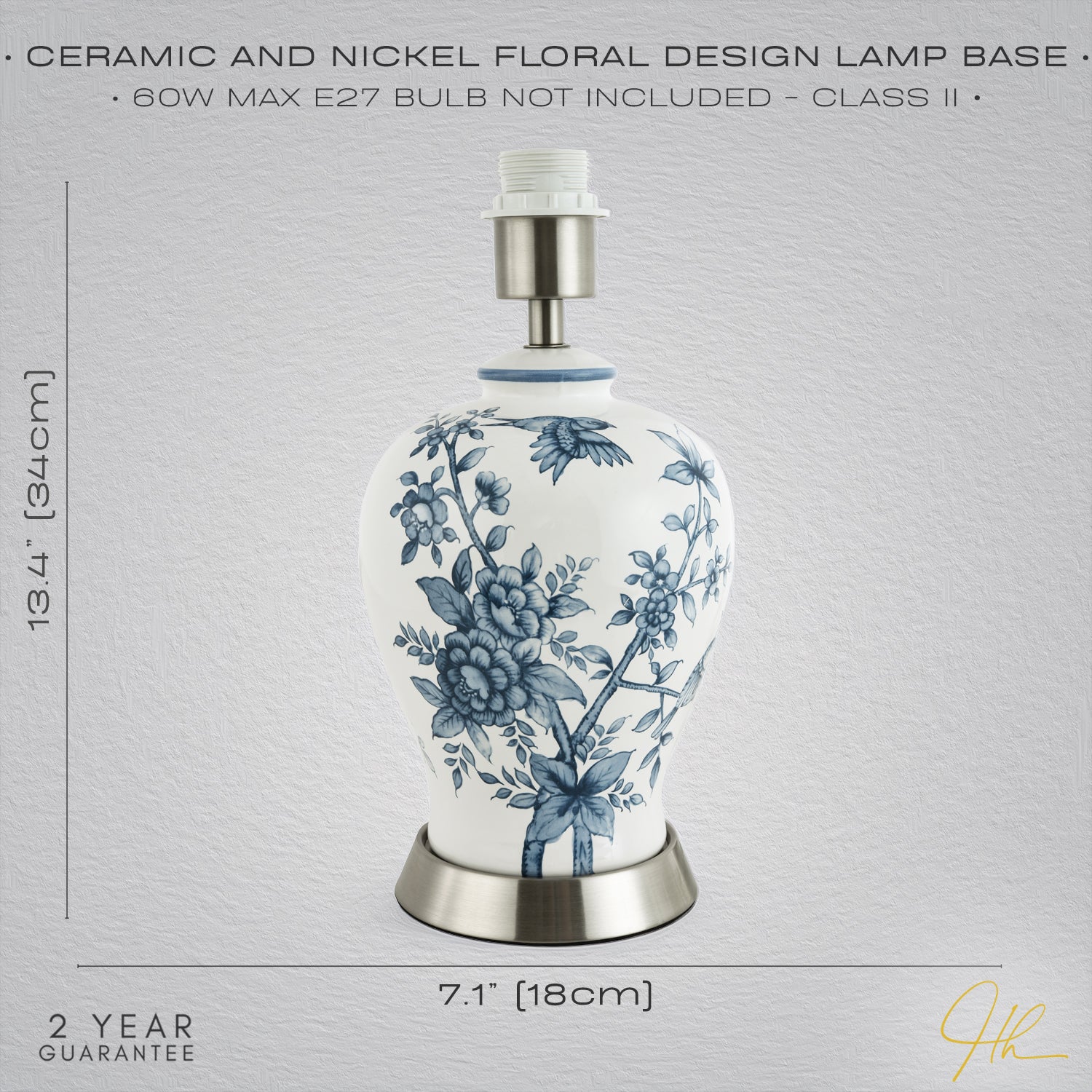 Traditional White Gloss Ceramic Lamp Base with Navy Blue Floral and Bird Decor Image 6