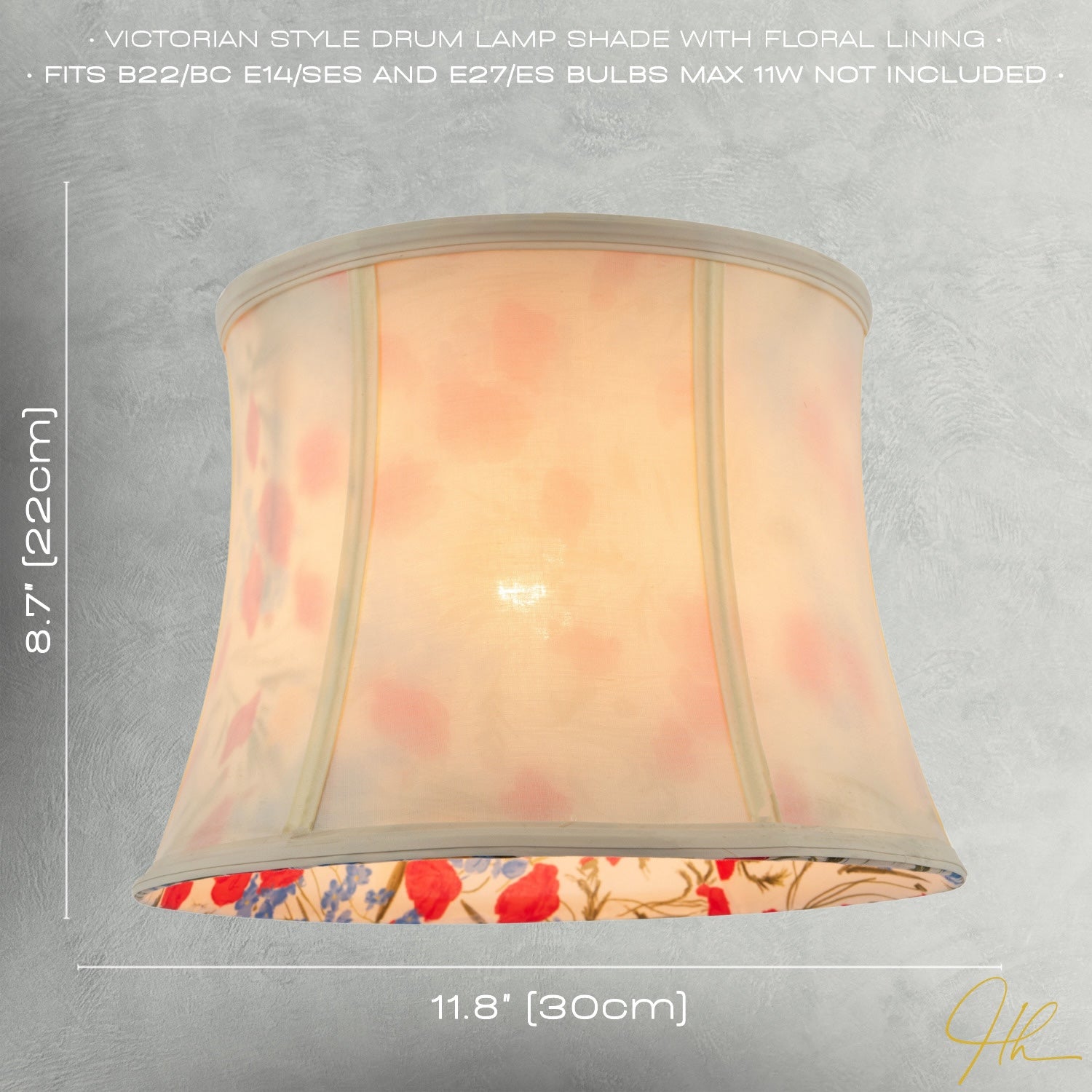 Classic Curved Cream Cotton Drum Shade with Blue and Red Floral Inner Image 7