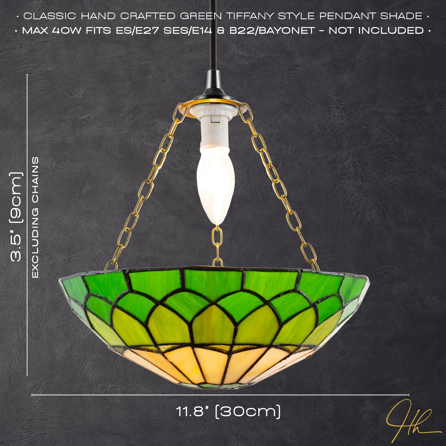 Amber and Green Stained Glass Domed Tiffany Pendant Lamp Shade with Chain Image 6