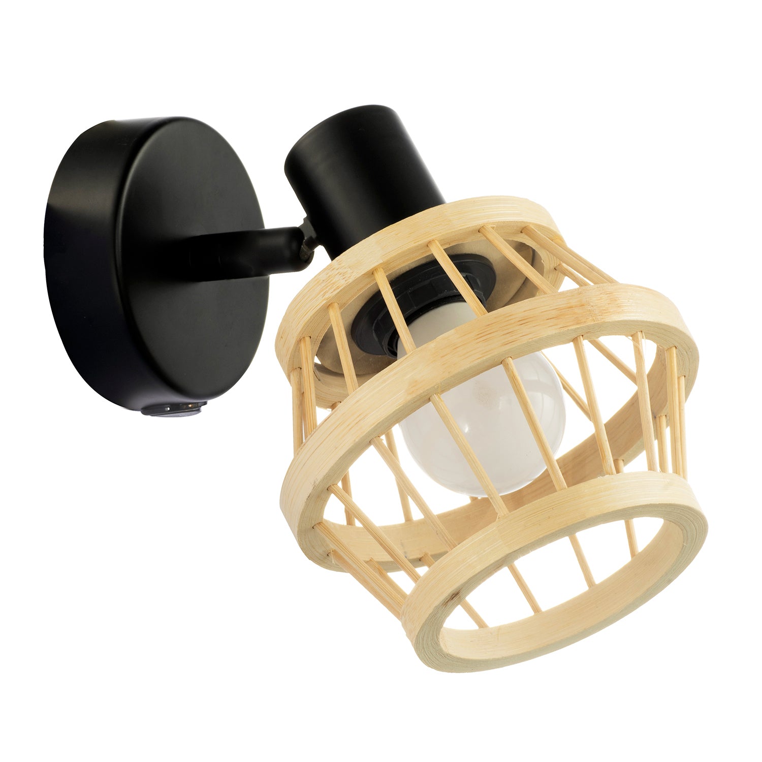 Industrial and Classic Black Switched Wall Light with Brown Bamboo Framed Shade Image 2