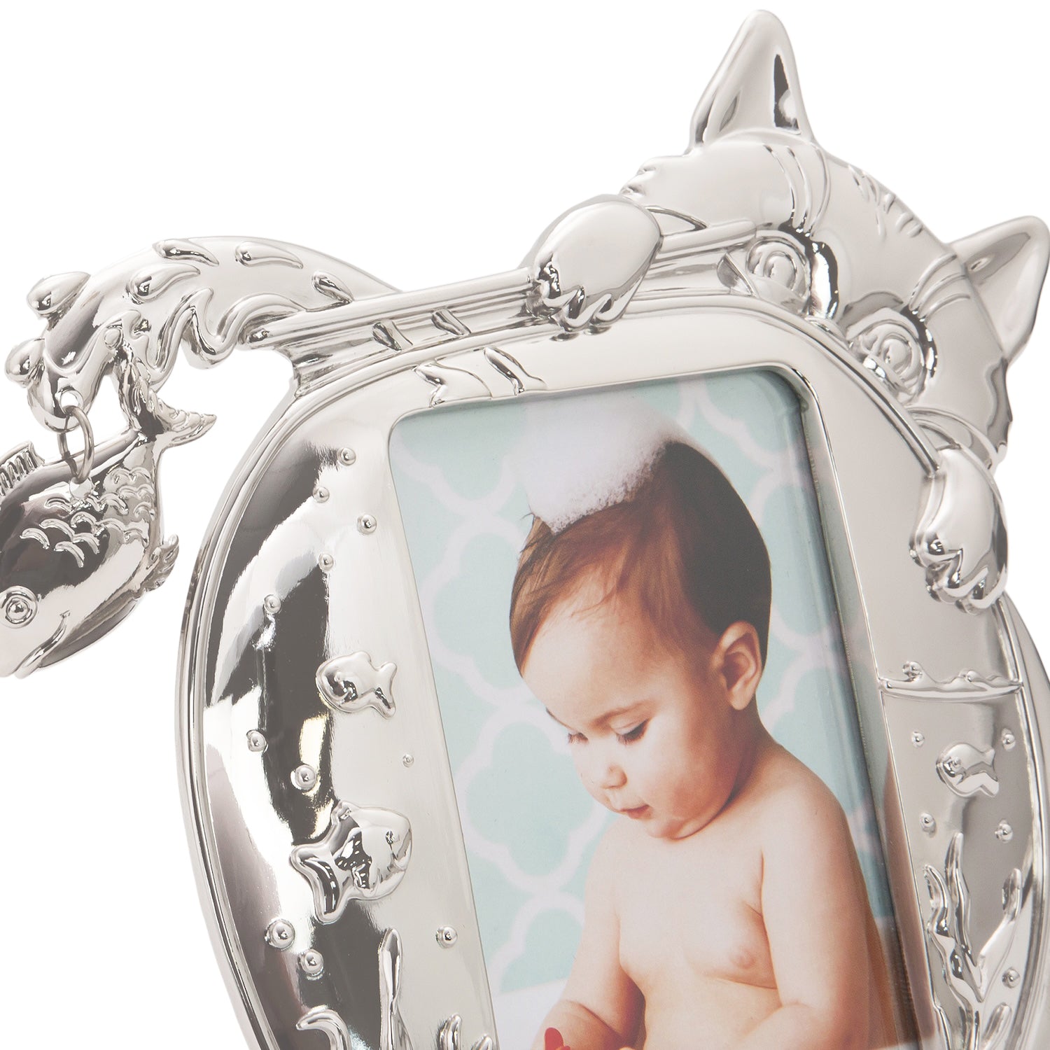 Quirky Hiding Cat Themed Nickel Plated Picture Frame with Hanging Fish Image 5