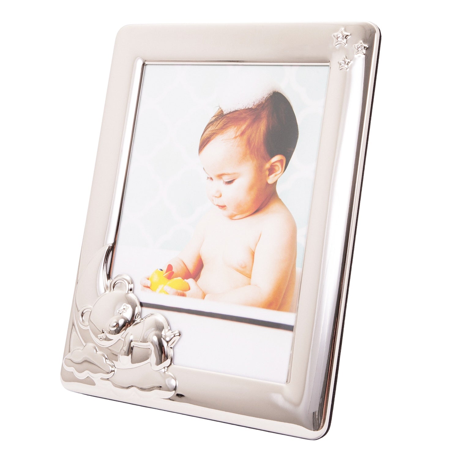 Baby 5x7 Picture Frame in Nickel Plated with Sleeping Bear and Diamante Stars Image 1