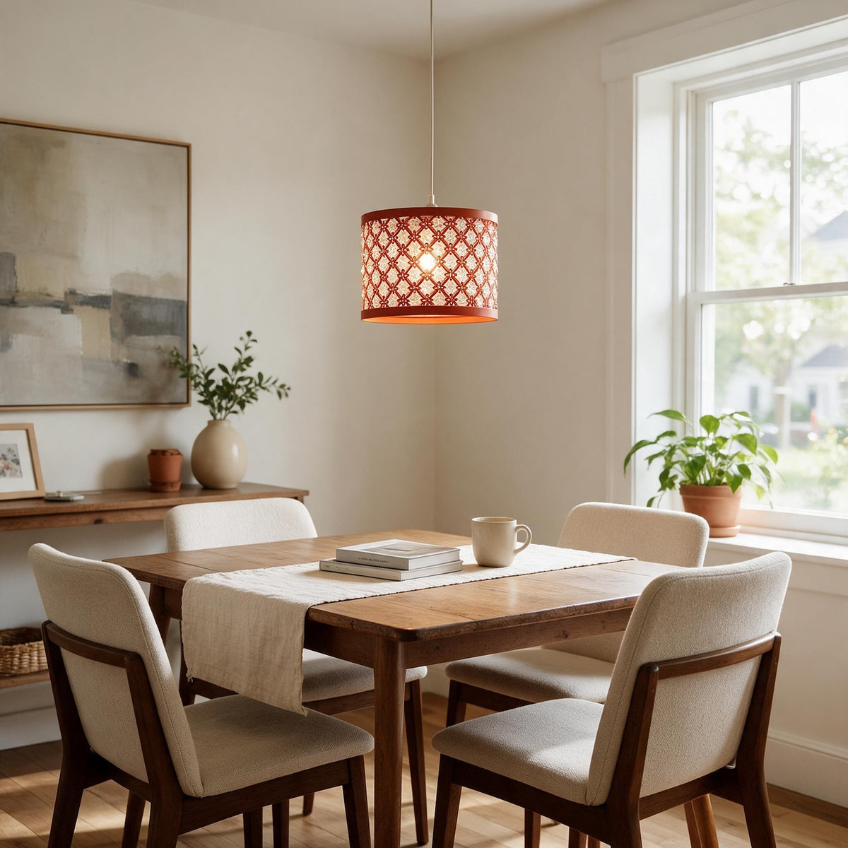 Modern Ornate Orange Metal Pendant Shade with Clear Acrylic Beads Image 6
