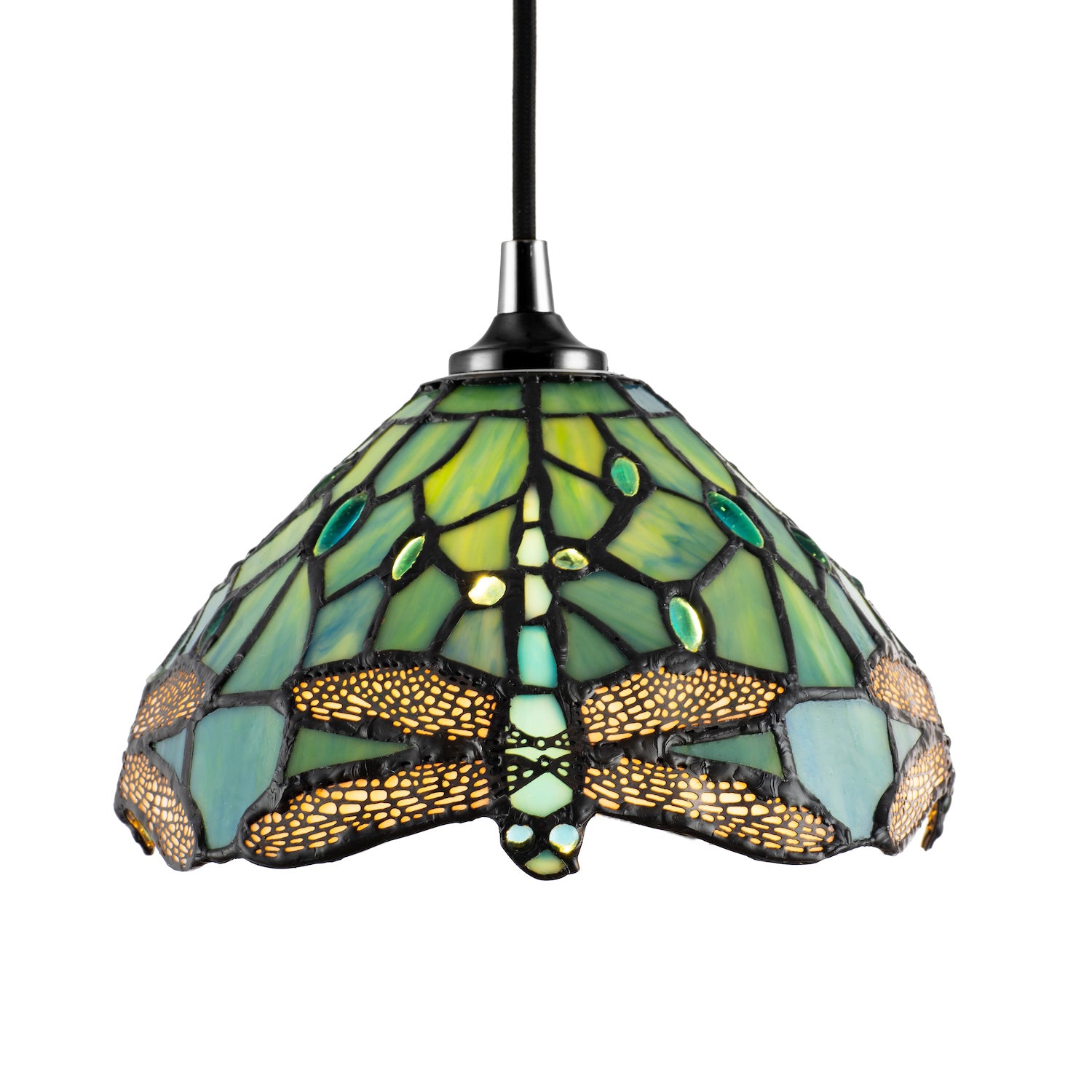 Dragonfly Themed Emerald Stained Glass Tiffany Pendant Lighting Shade with Beads Image 1