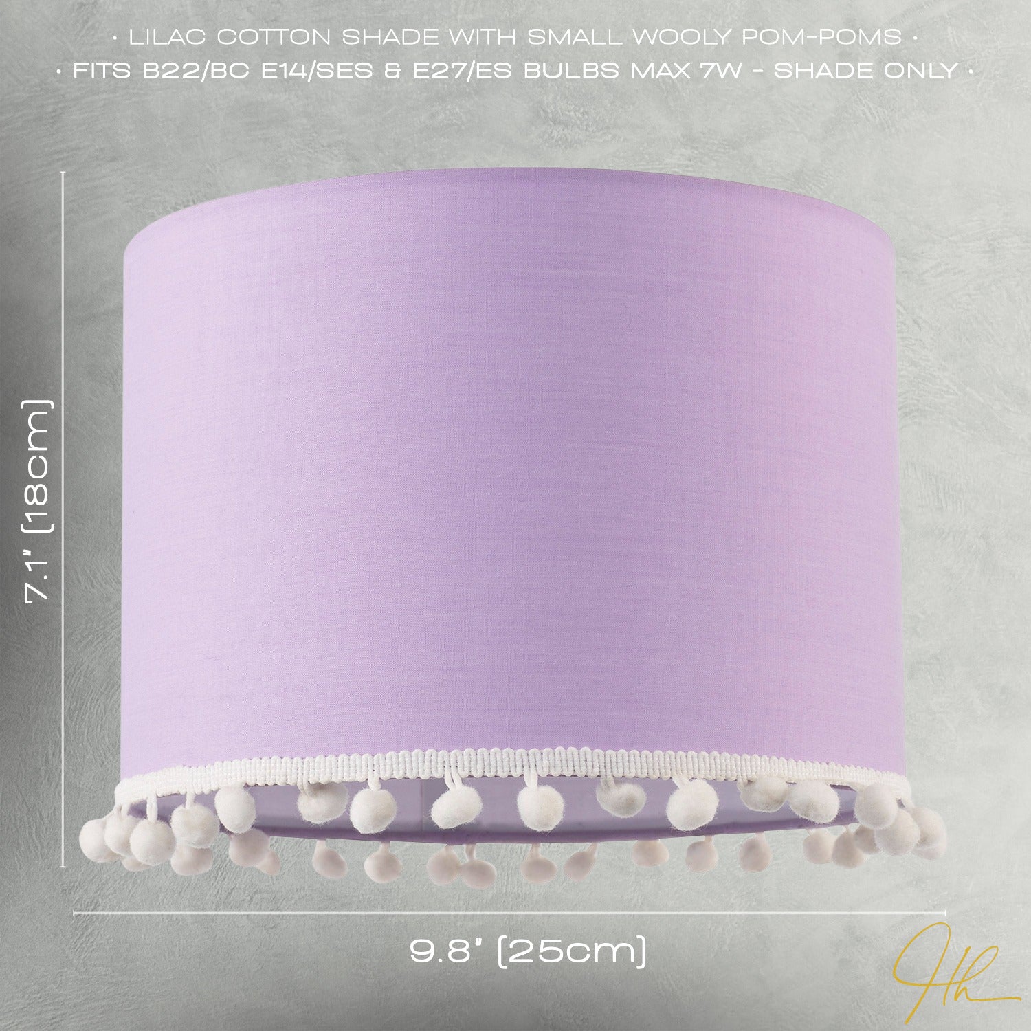 Cute and Modern Lilac Cotton 10" Lamp Shade with White Woolly Pom Poms Image 7