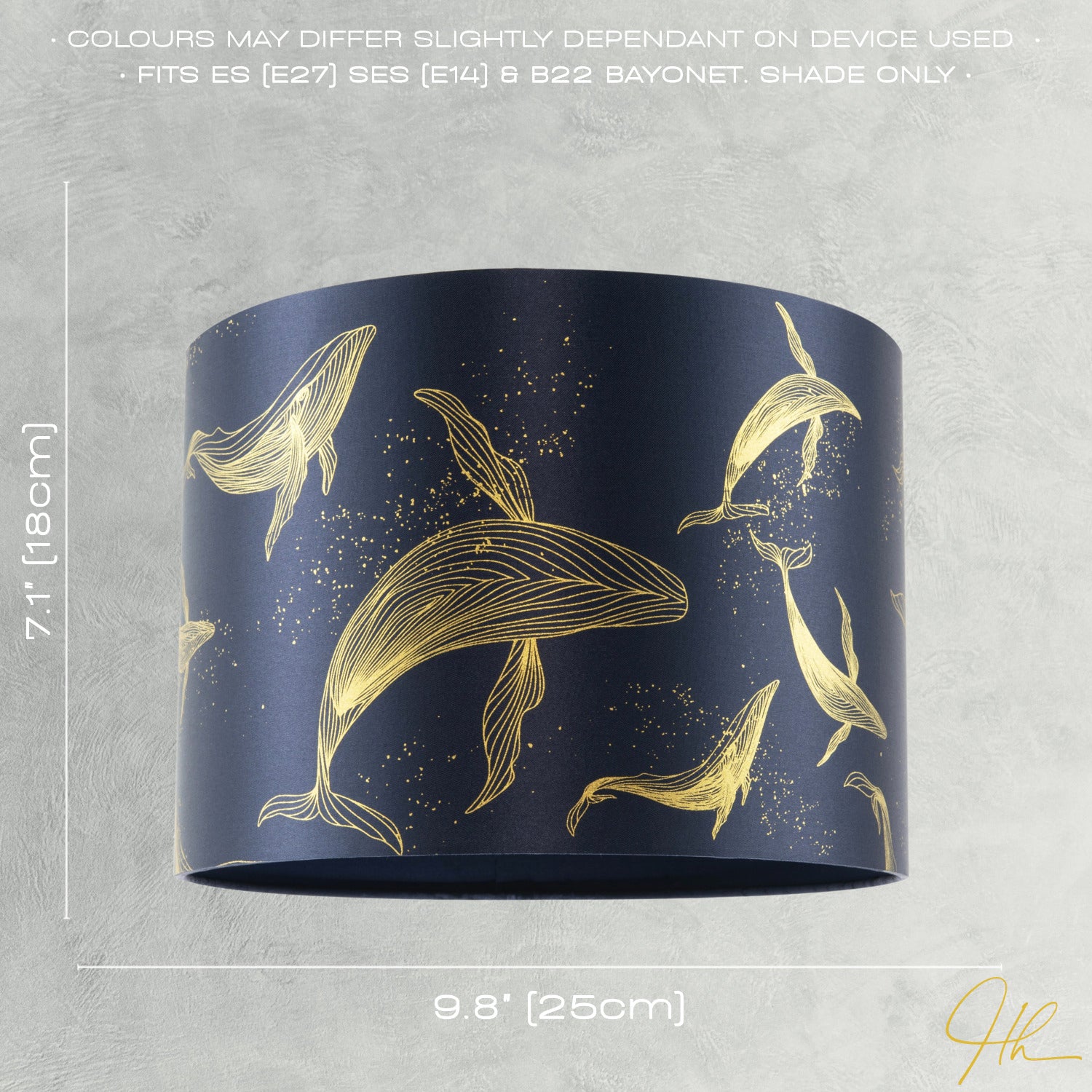Whale Themed Lamp Shade in Midnight Blue Fabric with Vivid Gold Lines Image 6