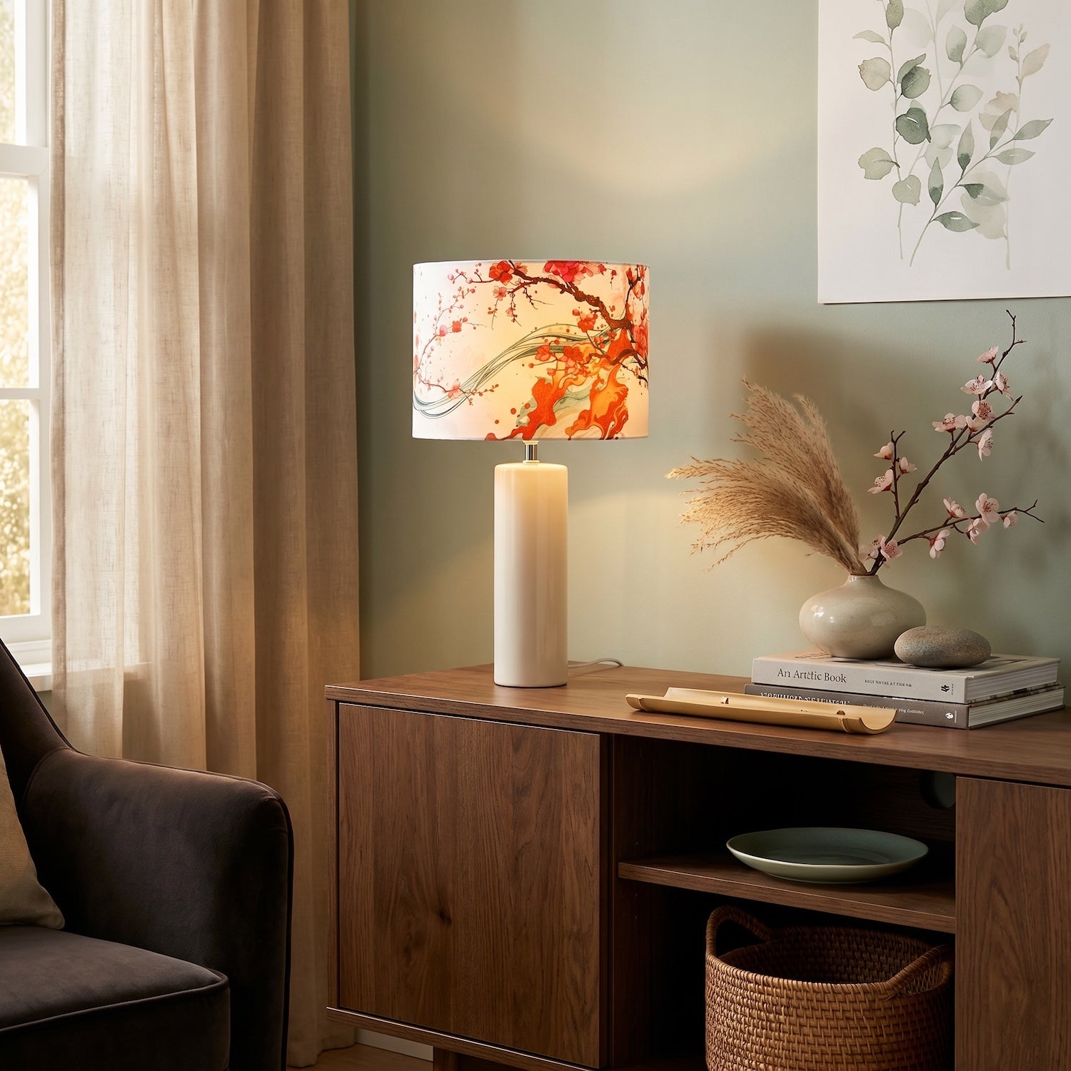 Red Cherry Blossom Watercolour Japanese Themed Fabric Drum Lamp Shade Image 6