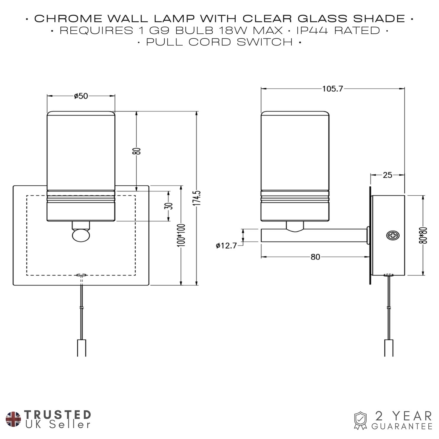 Compact Designer IP44 Rated Bathroom Wall Light Fitting with Tubular Glass Shade Image 5