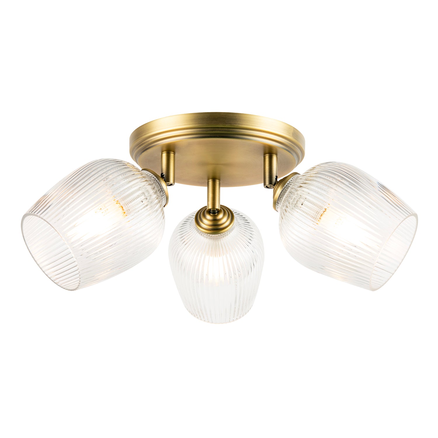 Antique Brass Triple Spot Ceiling Light with Clear Ribbed Glass Shades Image 2