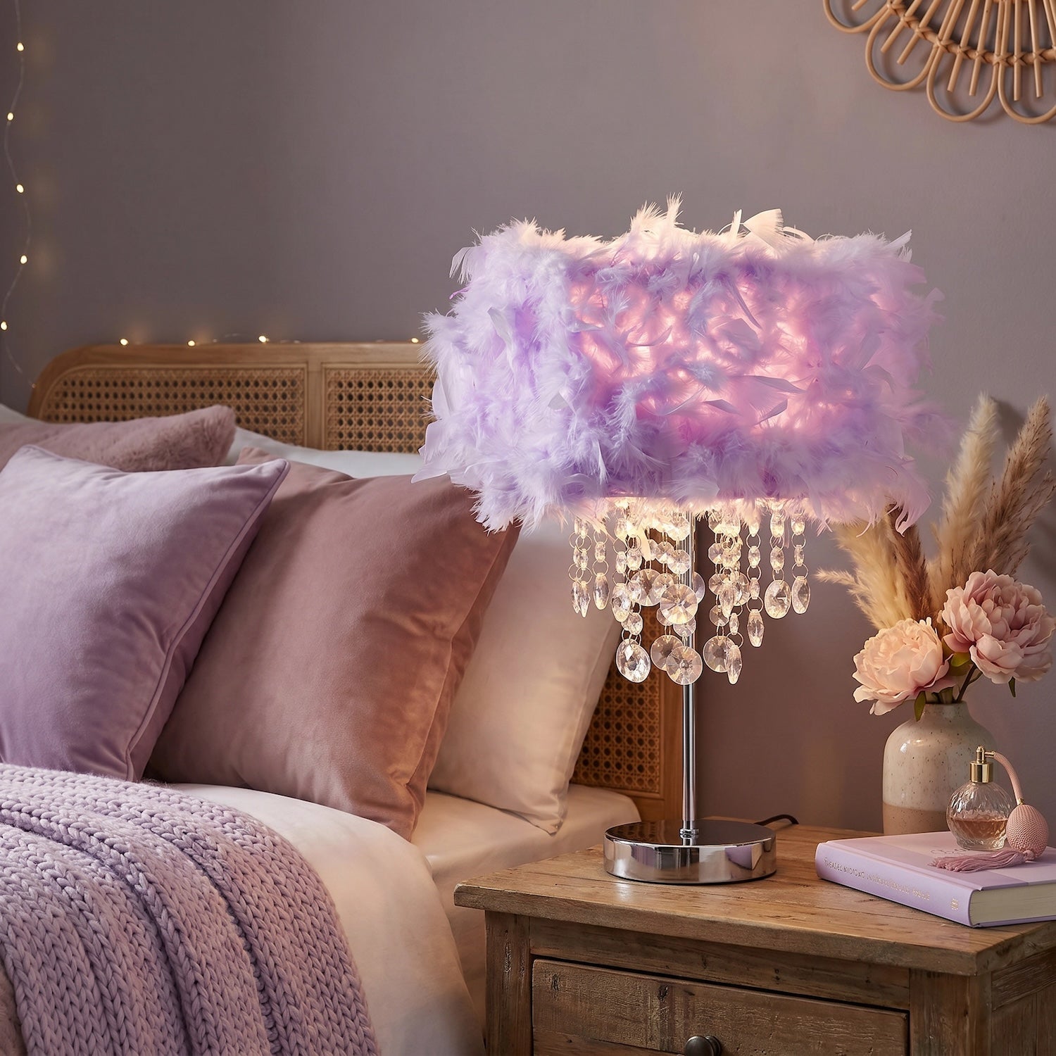 Chandelier Style Lilac Feather Table Lamp with Waterfall Acrylic Drops Image 6