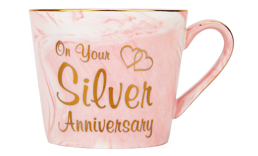 Beautiful 25th Anniversary Grey and Pink Marble Ceramic Mugs with Golden Trim Image 3