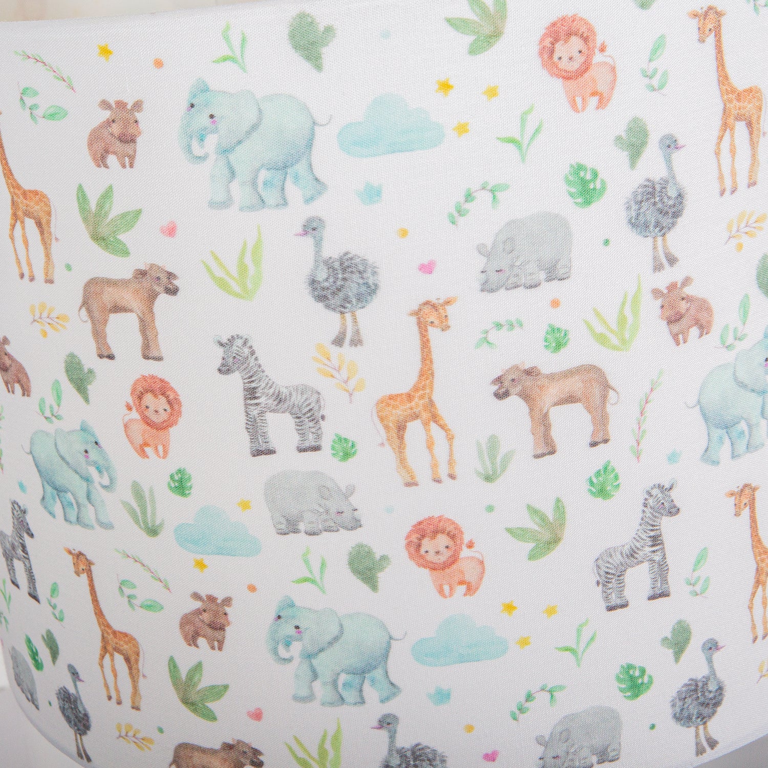 Safari Themed White Cotton Lamp Shade with Hand Drawn Pastel Coloured Animals Image 5