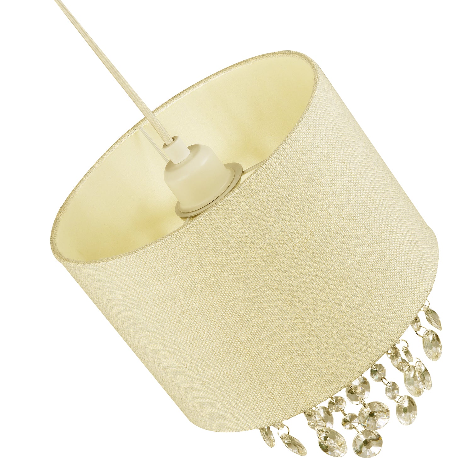 Modern Soft Cream Textured Linen Pendant Shade with Clear Acrylic Droplets Image 5