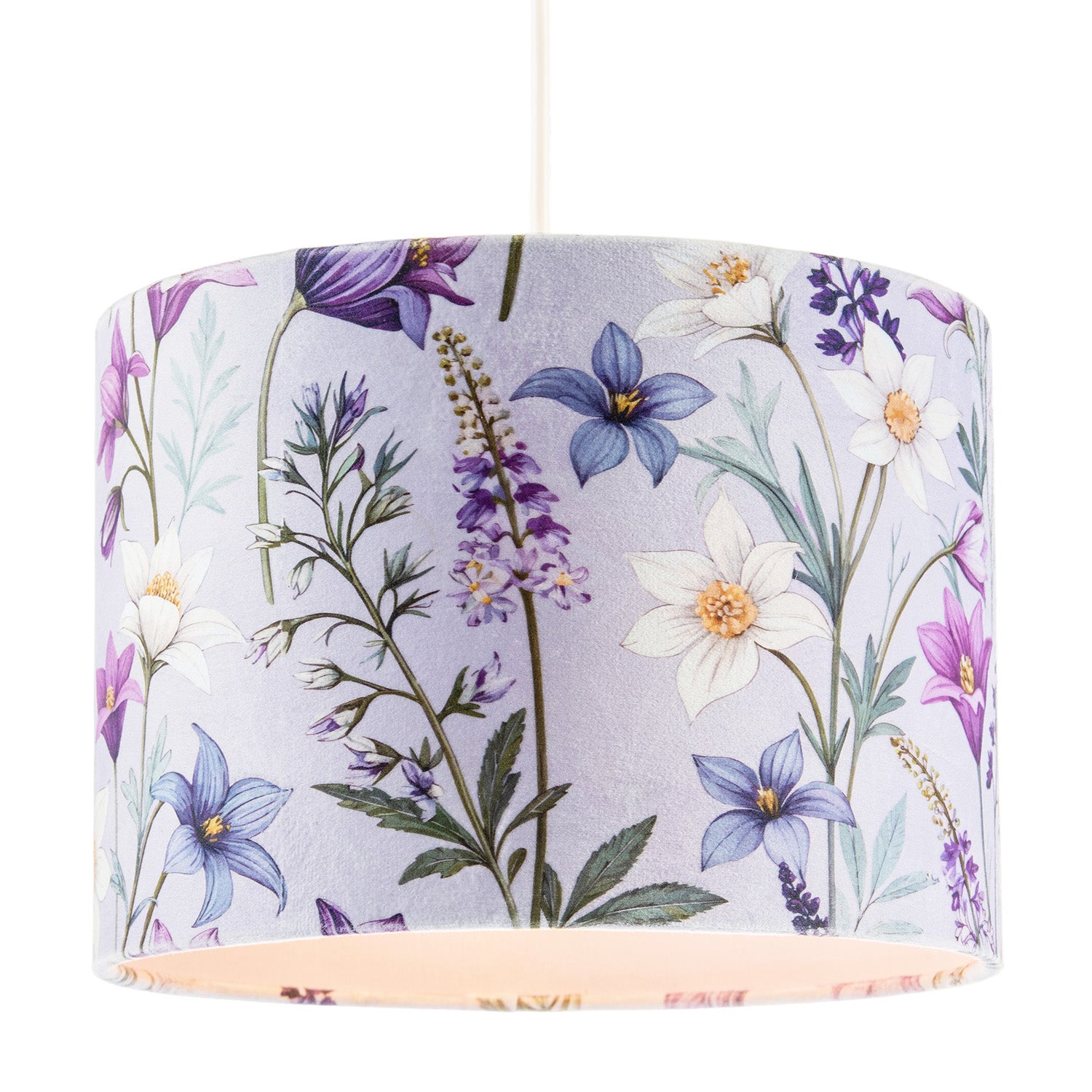 Vivid and Chic Lavender Velvet Lamp Shade with Blue and White Flowers Image 2
