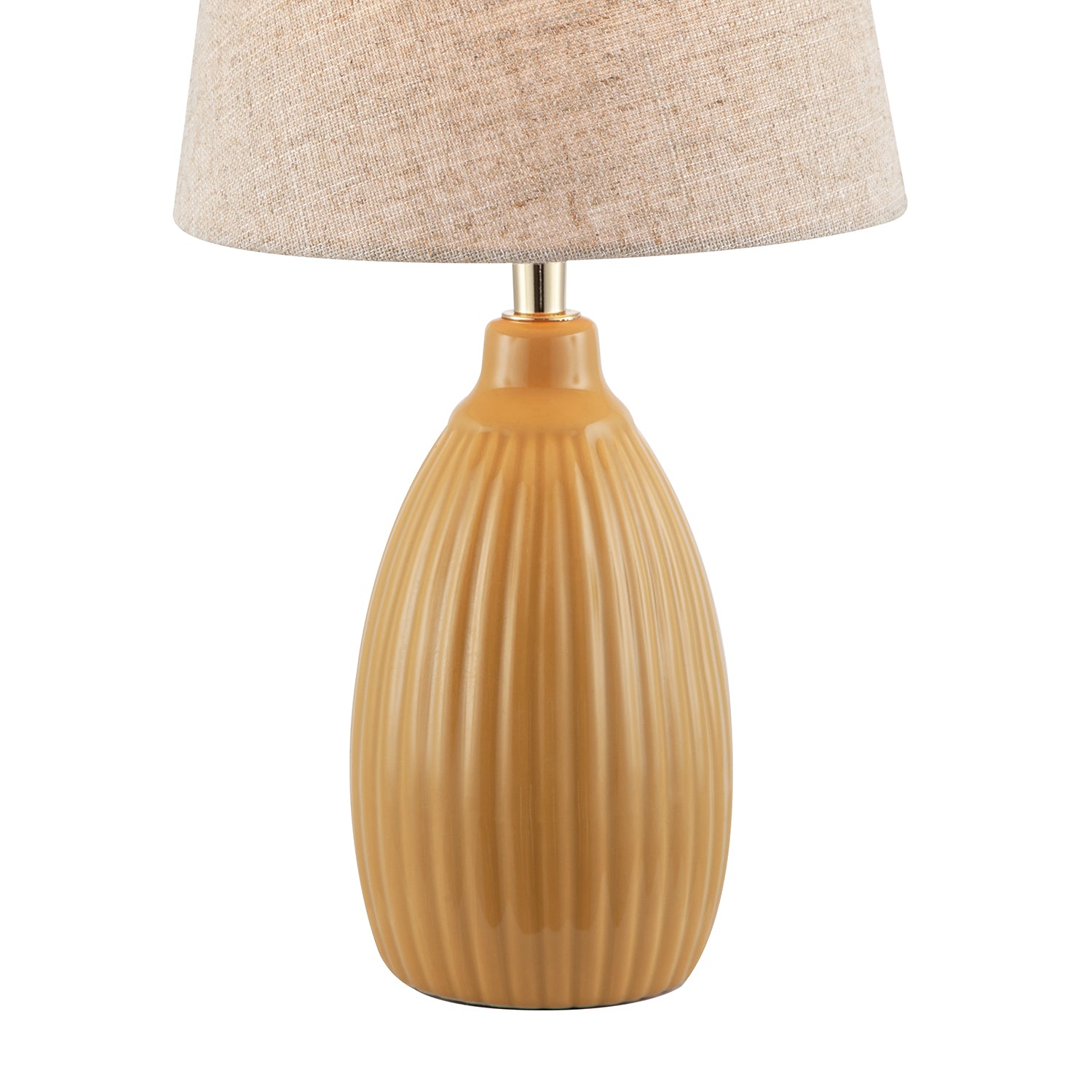 Mustard Etched Lined Ceramic Gloss Table Lamp with Linen Fabric Shade Image 2