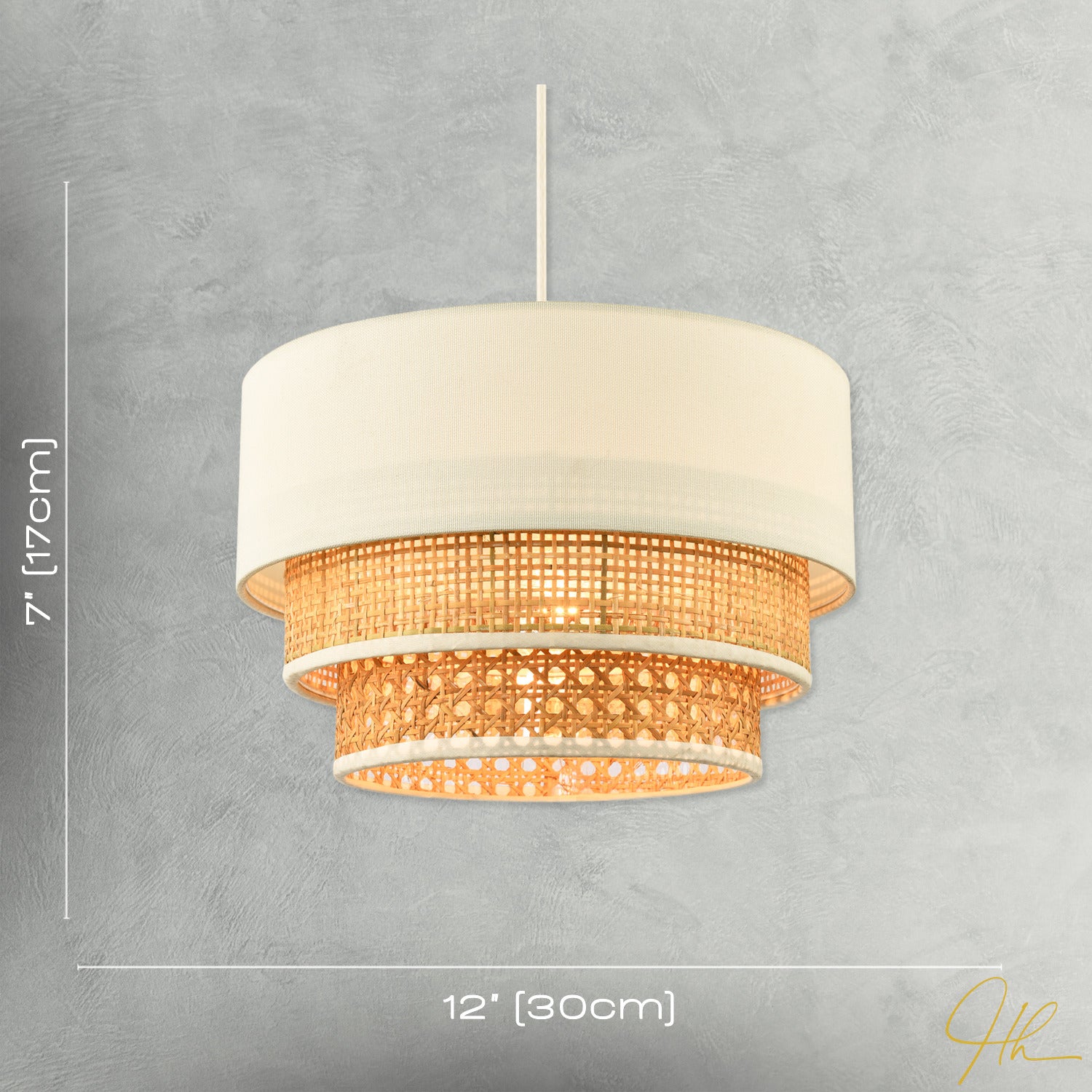 Contemporary Triple Tier Cream Linen and Natural Rattan Pendant Shade Image 7
