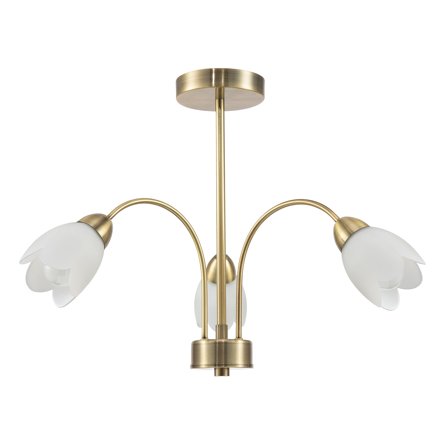 Contemporary Ceiling Lamp Fitting in Antique Brass with Opal Petal Glass Shades Image 2