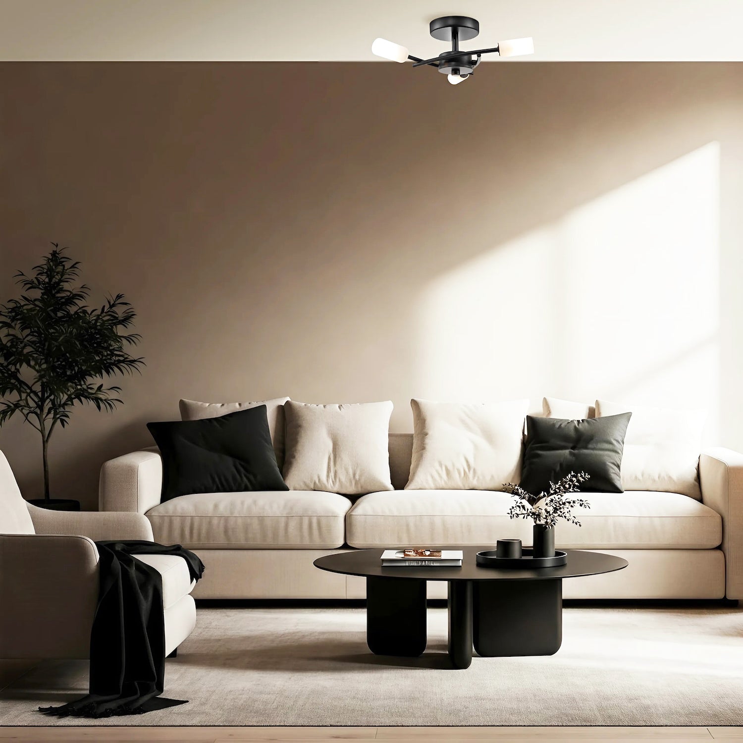 Contemporary Designer 3-Arm Matte Black Ceiling Light with Tubular Shades Image 7