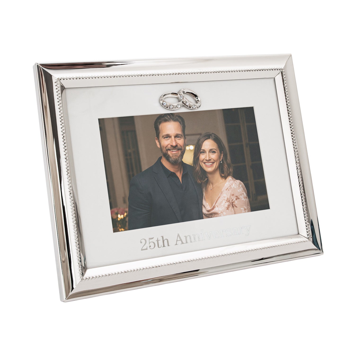 25th Anniversary Picture Frame in Nickel Plating with Diamante Rings Image 2