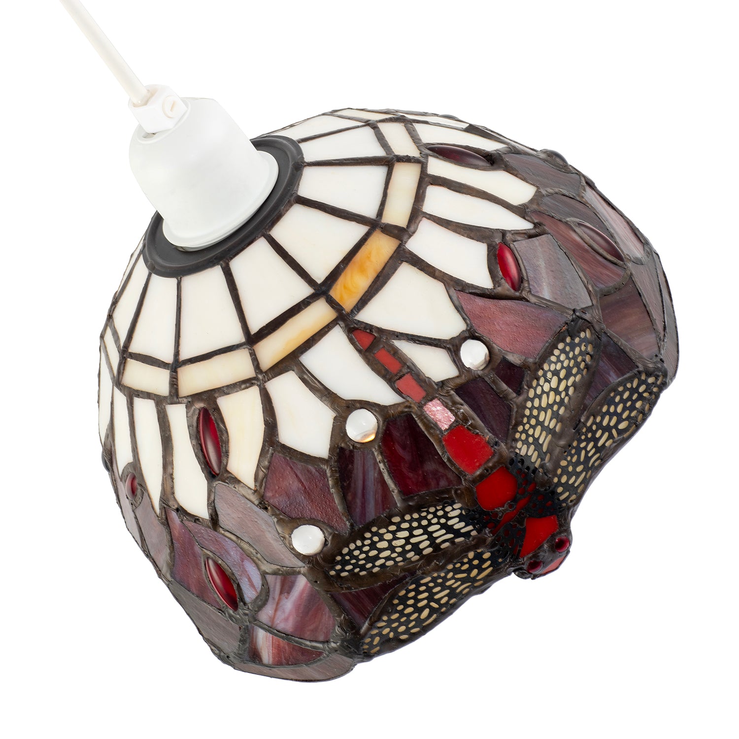 Deep Red and White Stained Glass Dragonfly Tiffany Pendant Shade Image 3