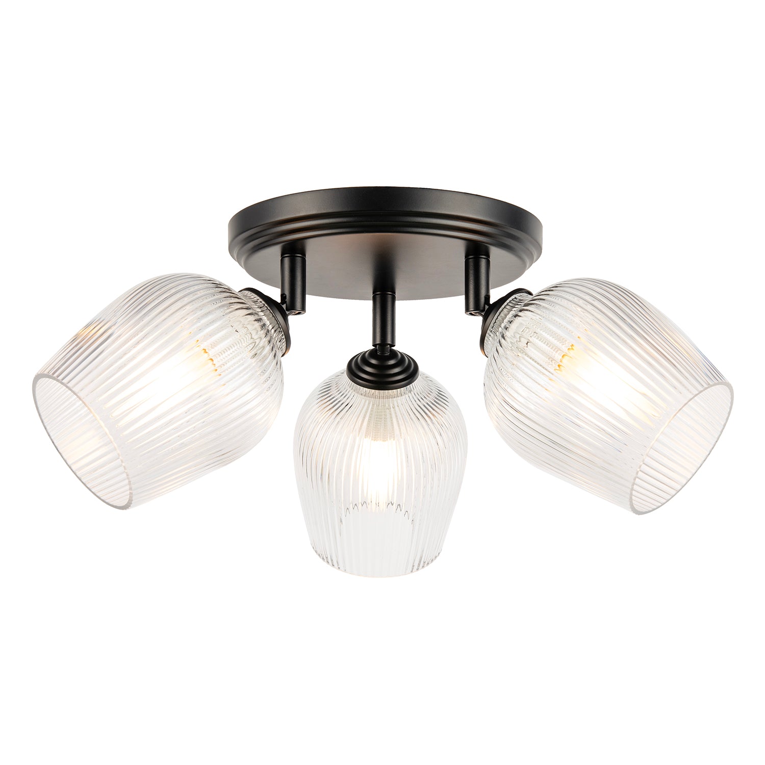 Matte Black Triple Spot Ceiling Light with Clear Ribbed Glass Shades Image 2