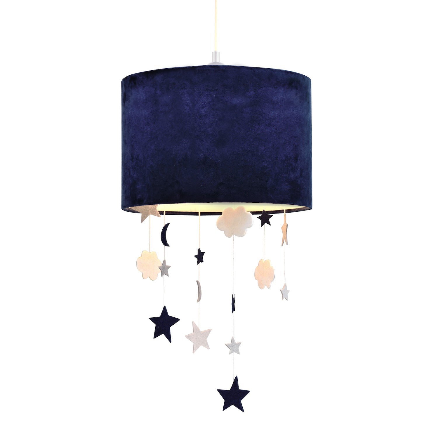 Soft Midnight Blue Velvet Pendant Lamp Shade with Hanging Felt Stars and Clouds Image 2