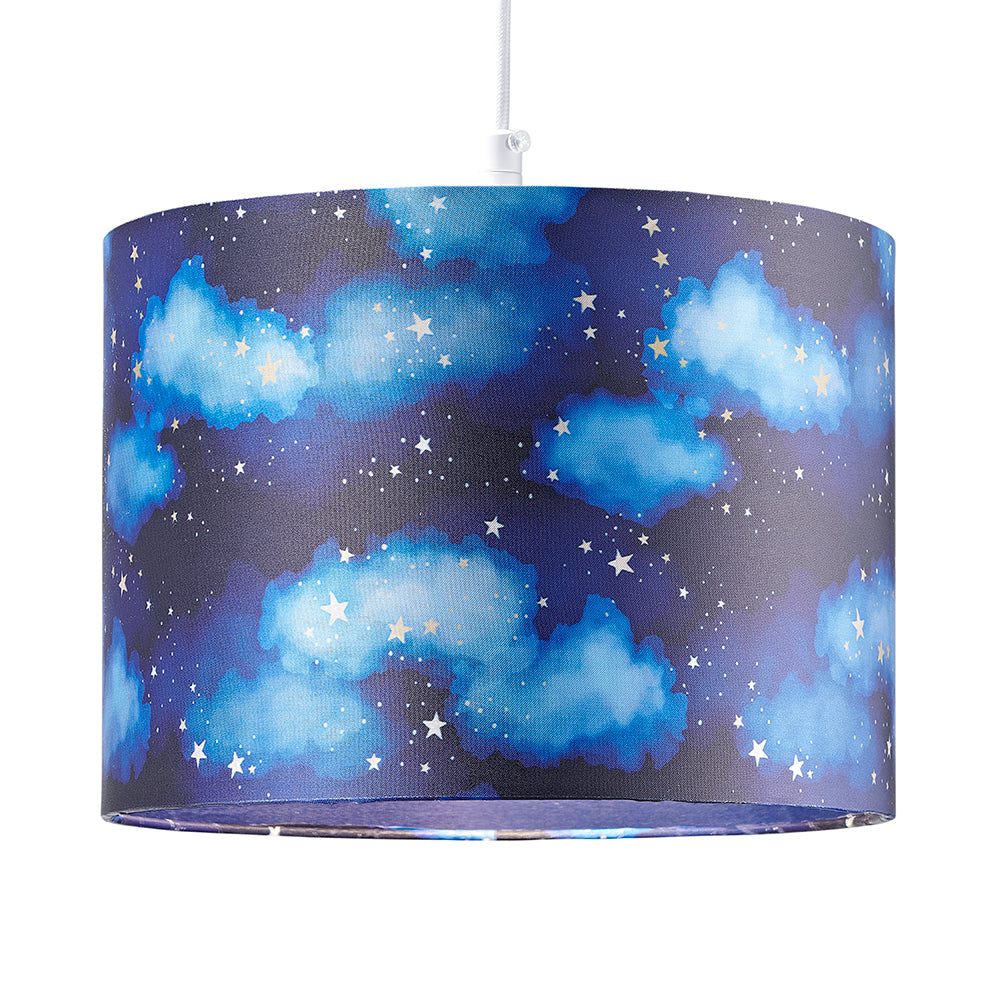 Modern Navy Blue Childrens Lamp Shade with Bright Gold Stars and White Clouds Image 2